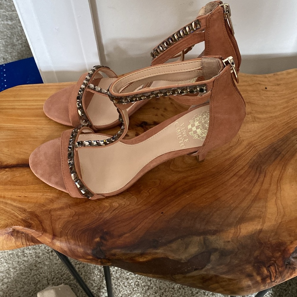 Vince Camuto Strappy Heeled Rhinestone Embellished Leather Sandals - Picture 4 of 9